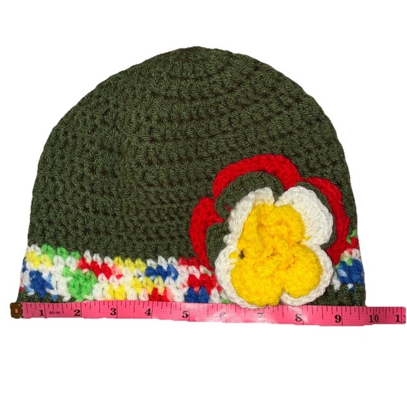Beanie Hat‎ Women's OS Green White Crochet Handmade Flower NEW - Picture 4 of 4